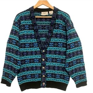 Vintage 80’s Brass Plum Fair Iisle / Nordic Cardigan In Teal / Black